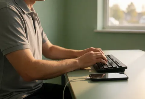 Technicien en réparation de téléphone, mains travaillant sur le clavier, téléphone connecté, lumière chaude par la fenêtre, mur vert, ambiance professionnelle.