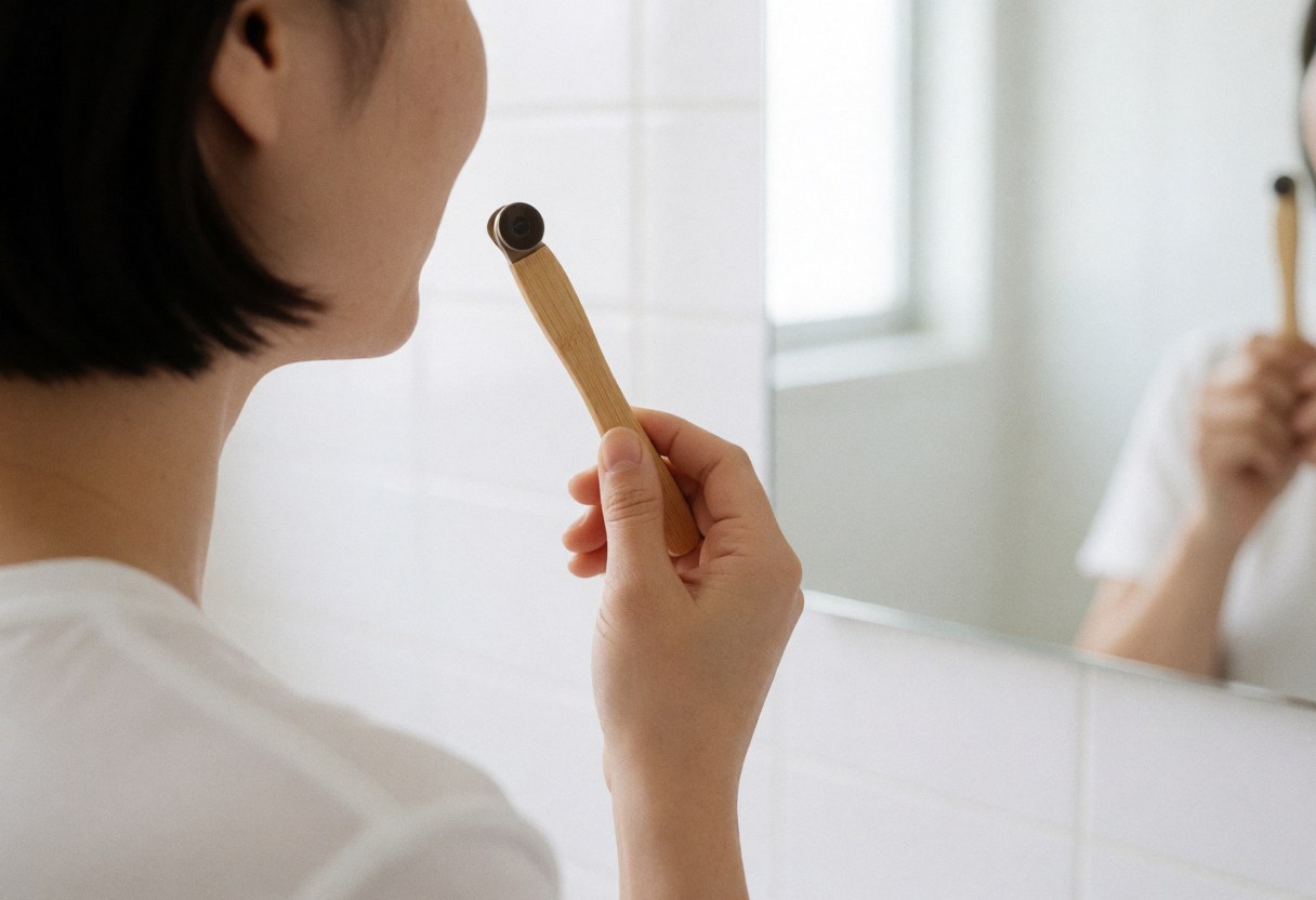 Une personne se regarde dans un miroir d'une salle de bain aux murs blancs, tenant une brosse dentaire en bois sous la lumière naturelle.