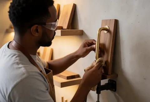 Un menuisier portant des lunettes de sécurité ponce une poignée en bronze avec un chiffon dans un atelier.