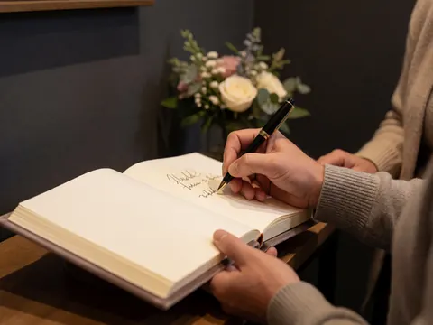 Une main tenant une plume signe un livre d'invités à couverture en velours, posé sur une surface en bois avec des fleurs et un mur gris foncé en arrière-plan.