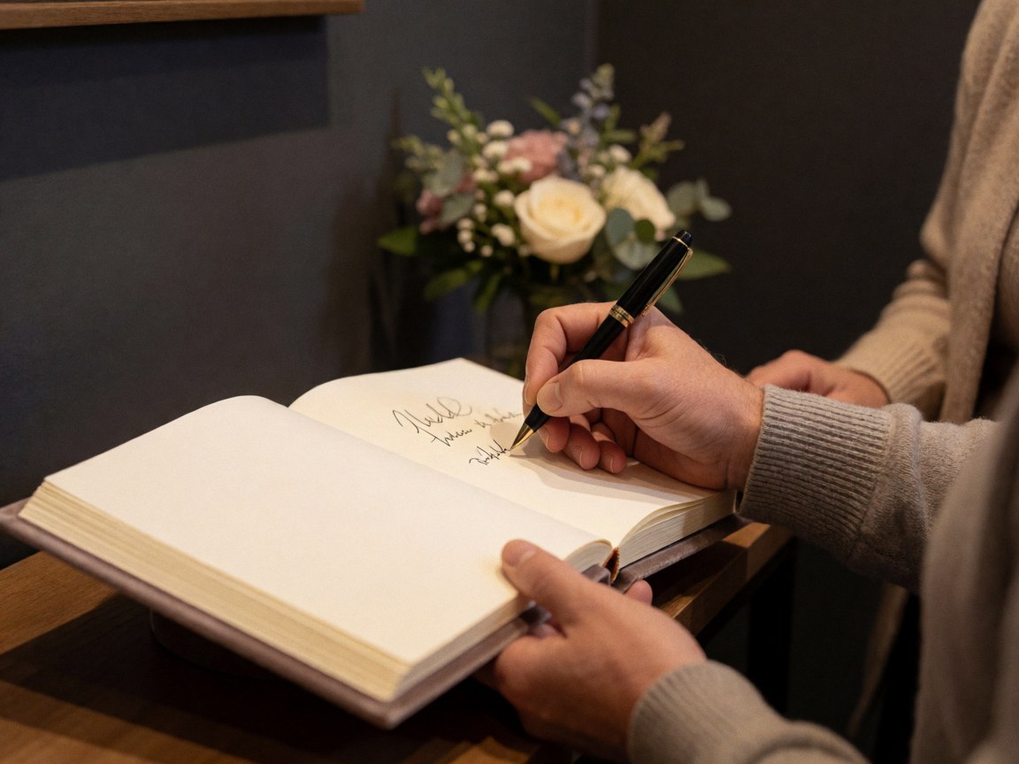 Une main tenant une plume signe un livre d'invités à couverture en velours, posé sur une surface en bois avec des fleurs et un mur gris foncé en arrière-plan.