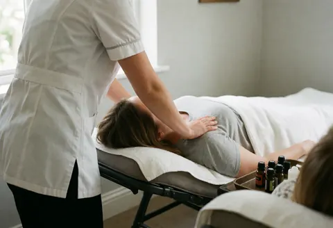 Un thérapeute en uniforme blanc effectue un massage de l'épaule sur une cliente allongée, avec une bande d'huiles essentielles à proximité dans un salon aux murs gris et à la lumière naturelle.