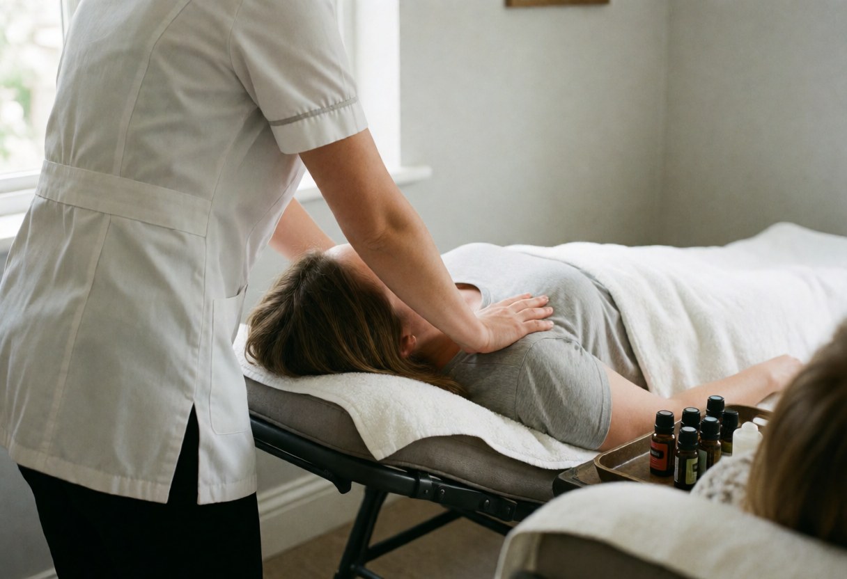 Un thérapeute en uniforme blanc effectue un massage de l'épaule sur une cliente allongée, avec une bande d'huiles essentielles à proximité dans un salon aux murs gris et à la lumière naturelle.