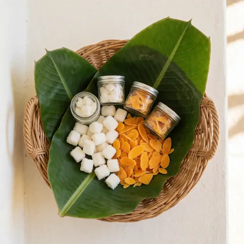 Vue de dessus d'un panier en osier rempli de feuilles de bananier, cubes de coco et chips de mangue pour décorer des événements à thème tropical.
