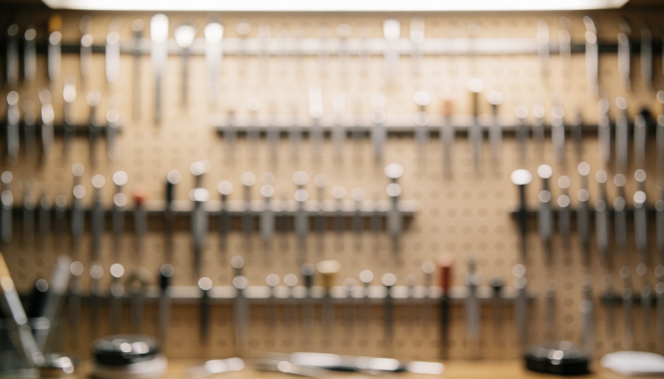 Fond d'atelier de horlogerie avec outils suspendus sur mur en bois, éclairage chaud et effet bokeh, idéal pour textes et logos.