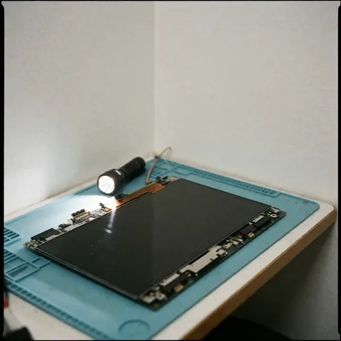 Panneau de télévision démonté sur surface antistatique, éclairé par une lampe de poche, montrant connecteurs et circuits internes pour réparation.