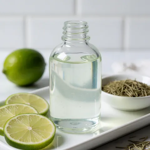 Flacon transparent de gel facial posé sur un plateau blanc, entouré de tranches de citron vert et de romarin sec, sur un fond de mur blanc.