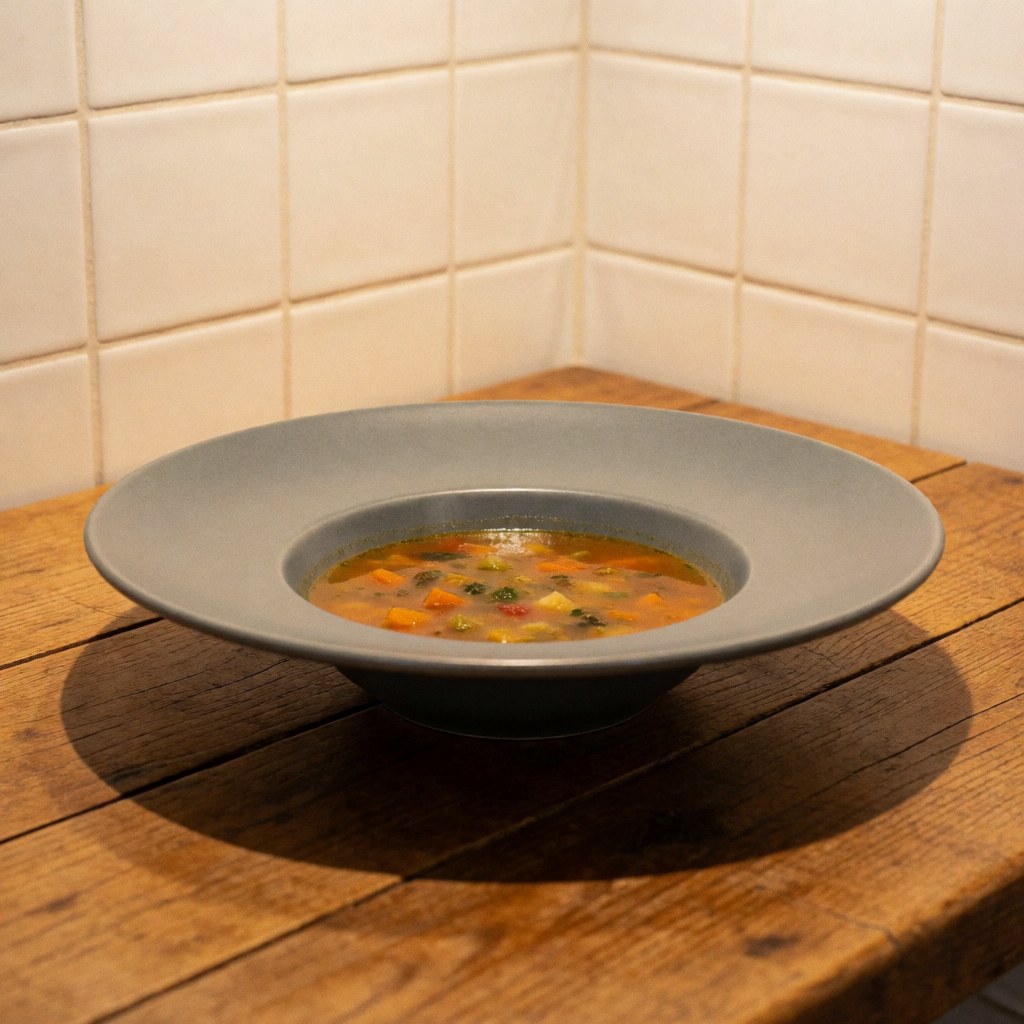 Soupe aux légumes servie dans un bol en céramique grise mate posé sur une table en bois rustique, avec des carreaux blancs au fond et une lumière chaleureuse.