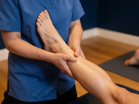 Un thérapeute en uniforme bleu applique un massage des tissus profonds sur la jambe d'un client allongé sur une natte dans un cabinet aux murs bleus.