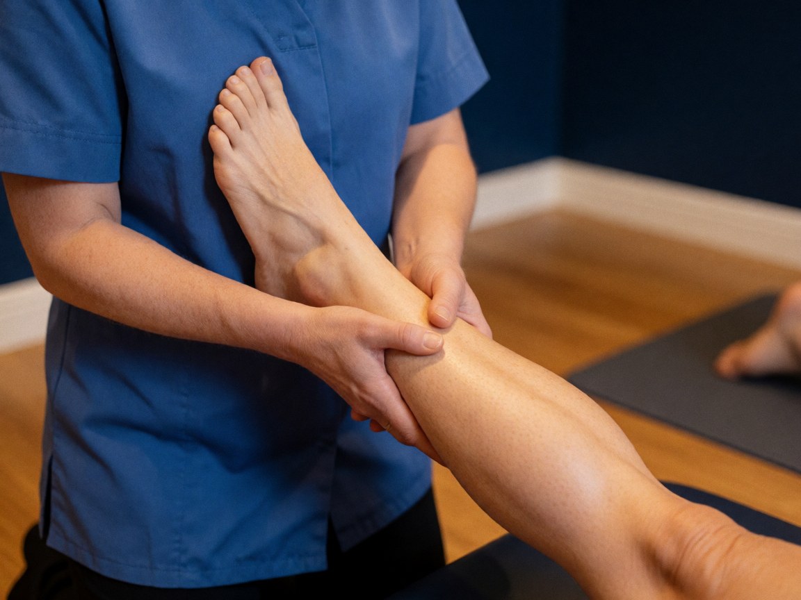 Un thérapeute en uniforme bleu applique un massage des tissus profonds sur la jambe d'un client allongé sur une natte dans un cabinet aux murs bleus.