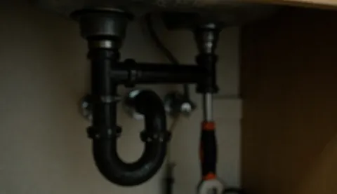 Vue rapprochée des tuyaux sous un évier de cuisine, mettant en évidence un siphon en P et une clé à pipe posée sur un fond flou pour un texte.