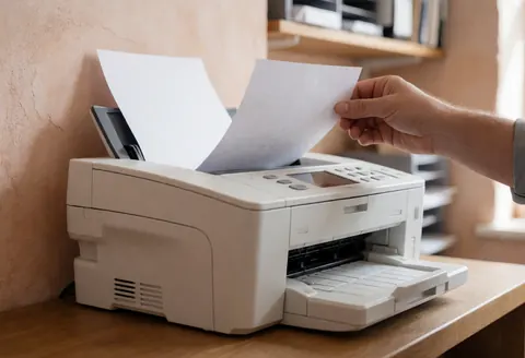 Une main introduit un document dans l'entrée d'un fax blanc posé sur une table en bois, avec des étagères de bureau floues en arrière-plan et une lumière naturelle douce.