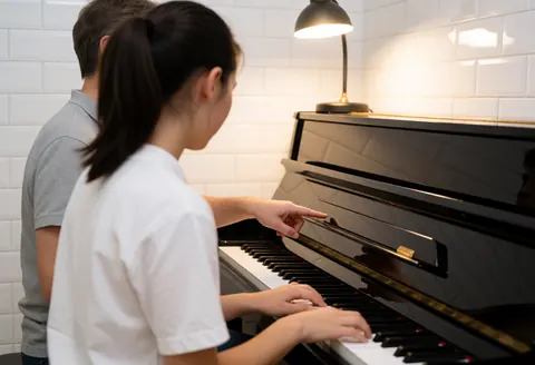 Un professeur de piano donne une leçon à un étudiant dans une pièce aux murs carrelés blancs, éclairée par une lampe de bureau, avec un focus sur les mains sur le piano.