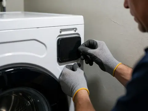 Technicien portant des gants fixe le cache de transport sur une machine à laver blanche. Gros plan sur les mains et les outils. Fond gris clair. Éclairage professionnel.