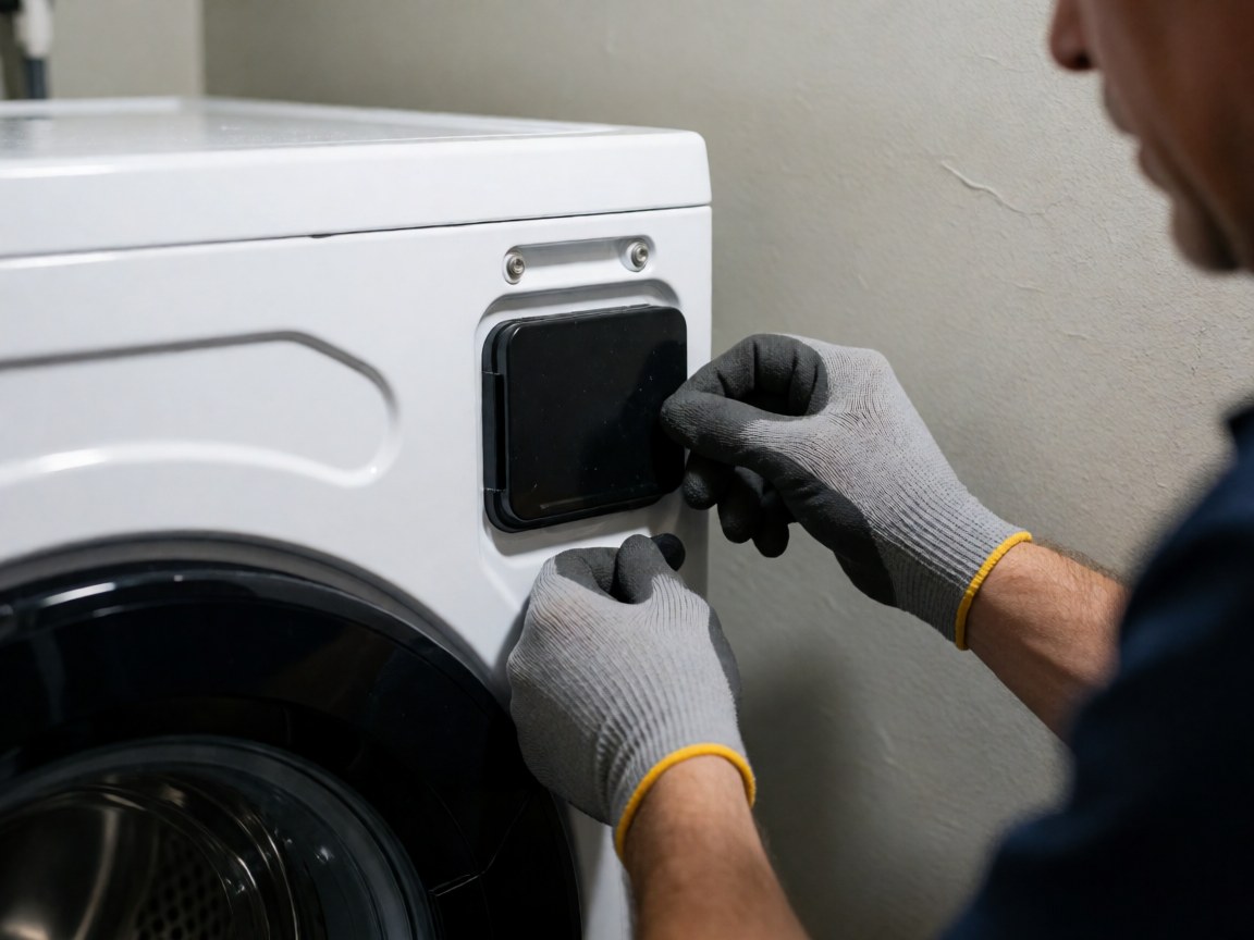 Technicien portant des gants fixe le cache de transport sur une machine à laver blanche. Gros plan sur les mains et les outils. Fond gris clair. Éclairage professionnel.