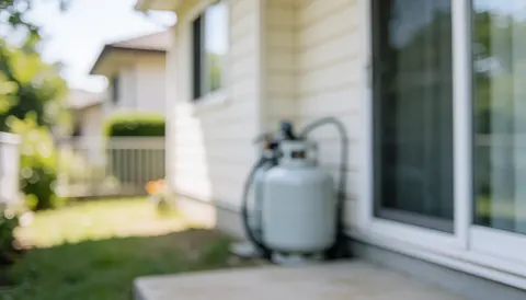 Vue d'un réservoir de gaz propane installé dans une cour résidentielle, offrant un arrière-plan calme et sécurisé pour des textes.