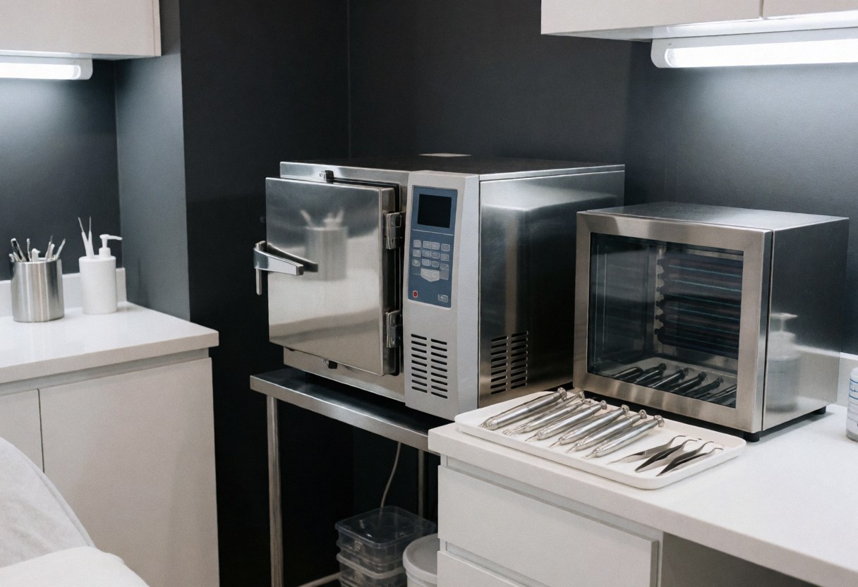 Salle de stérilisation avec autoclave, stérilisateur UV et outils de soins du visage sur plateau blanc, tables blanches, murs gris foncé et lumière fluorescente.