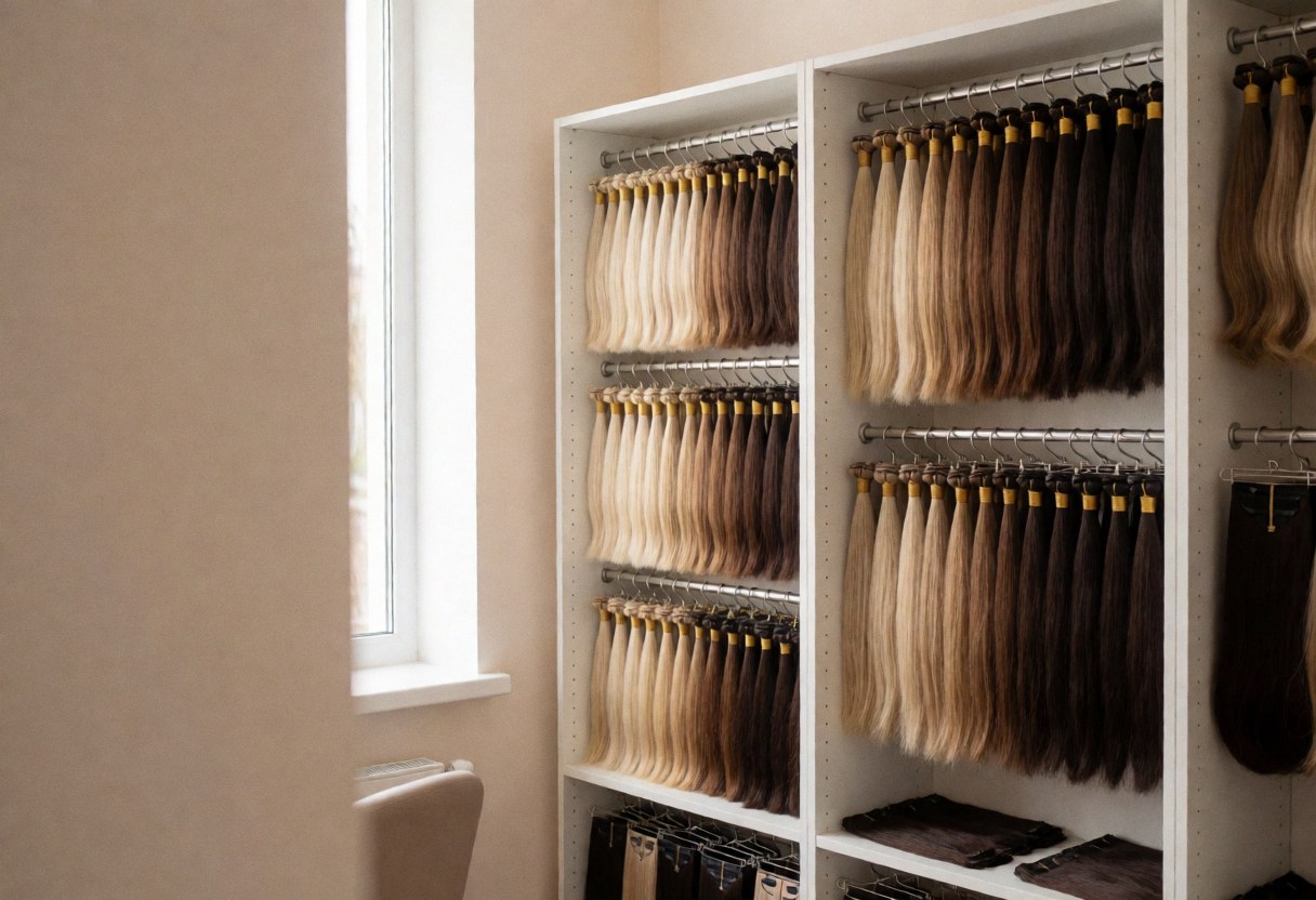 Des extensions de cheveux organisées par couleur et type sur des étagères blanches, baignées de lumière naturelle, pour un environnement propre et professionnel.