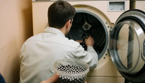 Technicien de réparation insérant des balles d'acier dans le tambour d'un sèche-linge en atelier avec éclairage pratique et murs beige.