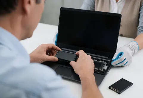 Un technicien portant des gants installe un disque SSD dans un ordinateur portable tandis qu'une autre personne observe la procédure sur un bureau propre avec un fond uni.