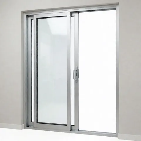 Porte vitrée coulissante à cadre aluminium montée sur murs gris clair, finition moderne idéale pour installateurs de vitrage.