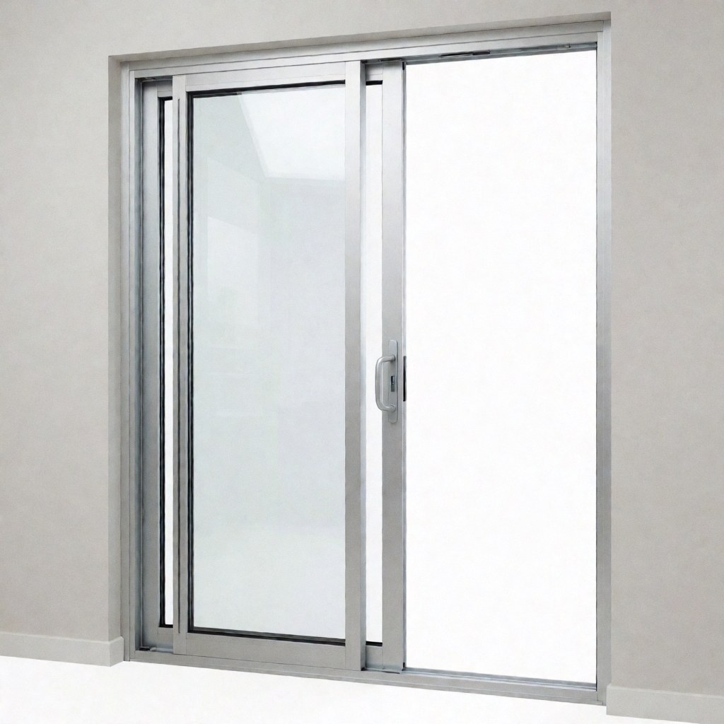 Porte vitrée coulissante à cadre aluminium montée sur murs gris clair, finition moderne idéale pour installateurs de vitrage.