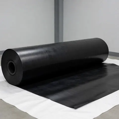 Grand rouleau de membrane en caoutchouc noir, matériau pour toitures et couvertures, posé sur une feuille blanche dans un entrepôt industriel aux murs gris