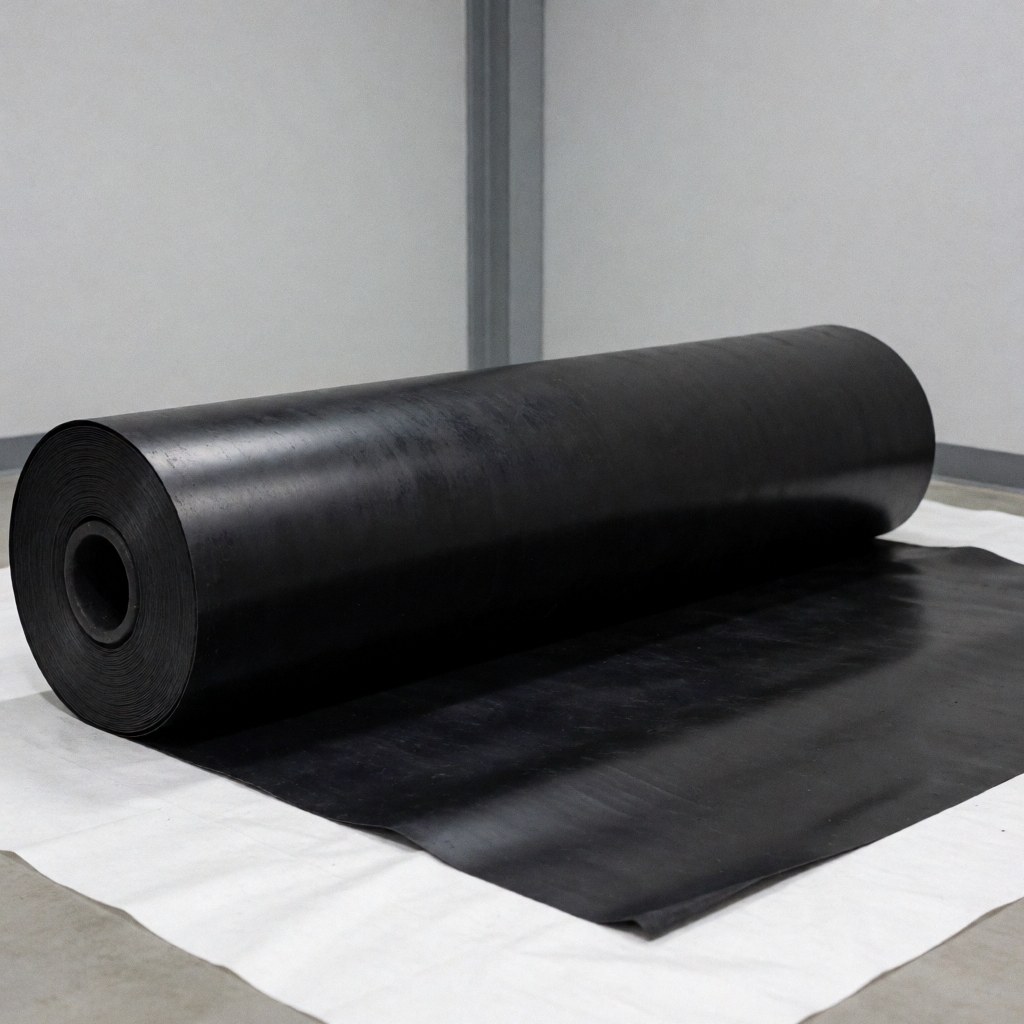 Grand rouleau de membrane en caoutchouc noir, matériau pour toitures et couvertures, posé sur une feuille blanche dans un entrepôt industriel aux murs gris