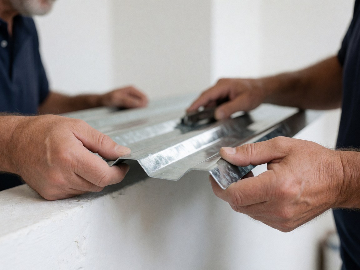 Gros plan de mains utilisant un outil pour découper une feuille galvanisée à profil ondulé, sur fond blanc flou et éclairage naturel.