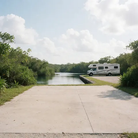 Une caravane blanche est garée sur une surface en béton à côté d'un cenote, entourée de végétation luxuriante et d'une eau calme reflétant le ciel.