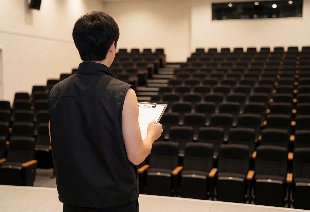 Un technicien portant un gilet noir vérifie l'installation d'une salle de conférence vide avec des rangées de chaises et un tableau blanc.