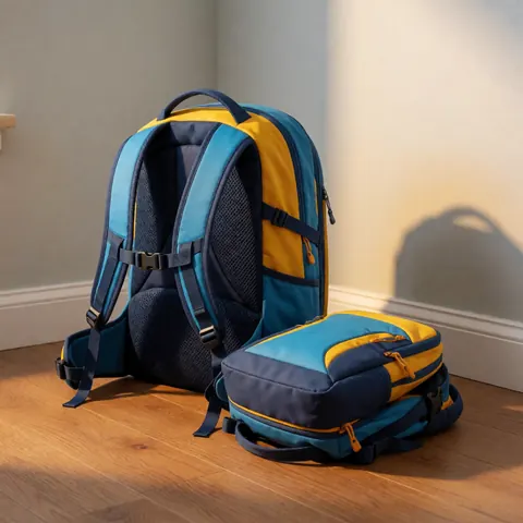 Deux sacs à dos bleu et jaune posés sur un plancher en bois avec une lumière chaude et des ombres marquées, évoquant voyages et usage familial.