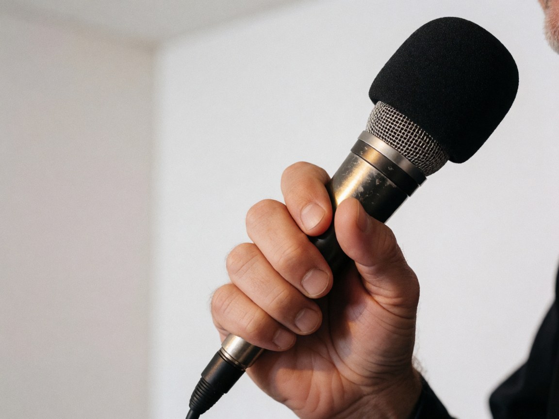 Gros plan d'une main adulte saisissant fermement un microphone rétro à grille métallique et housse noire sur fond blanc uni éclairé chaudement.