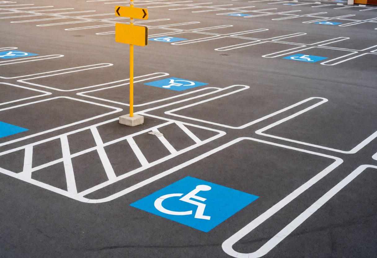 Parking thématique vide avec des emplacements marqués pour les personnes handicapées et une signalisation jaune, un sol propre et bien éclairé.
