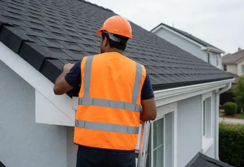 Un ouvrier en gilet orange et casque inspecte l'installation de tuiles sombres sur un toit incliné d'une maison à murs gris en banlieue.