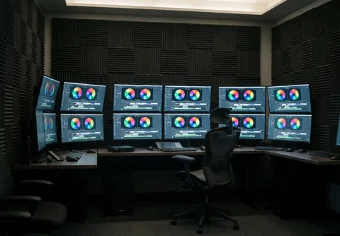 Bureau de montage vidéo équipé de multiples moniteurs, panneaux acoustiques et chaise ergonomique vide dans un environnement sombre et technologique.