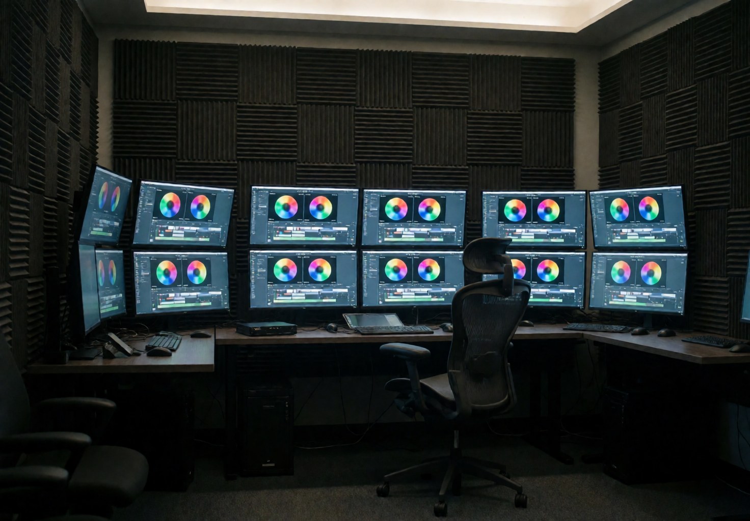 Bureau de montage vidéo équipé de multiples moniteurs, panneaux acoustiques et chaise ergonomique vide dans un environnement sombre et technologique.