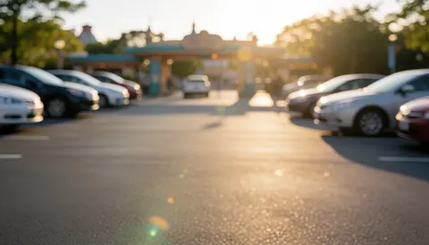 Arrière-plan flou d'un parking de parc d'attractions avec des voitures stationnées, lumière dorée du crépuscule et effets de lentille, idéal pour ajouter du texte.
