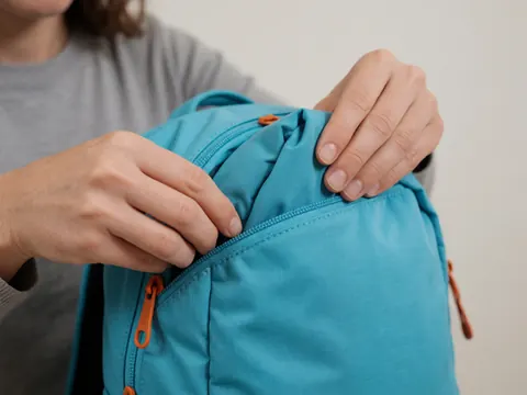 Des mains d'adulte replient un sac à dos en nylon turquoise doté d'une fermeture éclair orange sur un fond gris doux, mettant en valeur la texture et le détail du zip.