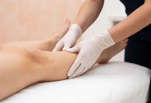Thérapeute portant des gants blancs effectuant une palpation musculaire sur la jambe d'un client allongé sur une table blanche dans un environnement clinique.
