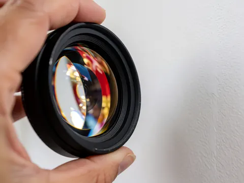 Gros plan sur un objectif tenu par une main, reflétant des couleurs vibrantes d'un défilé sur fond blanc avec une lumière précise.