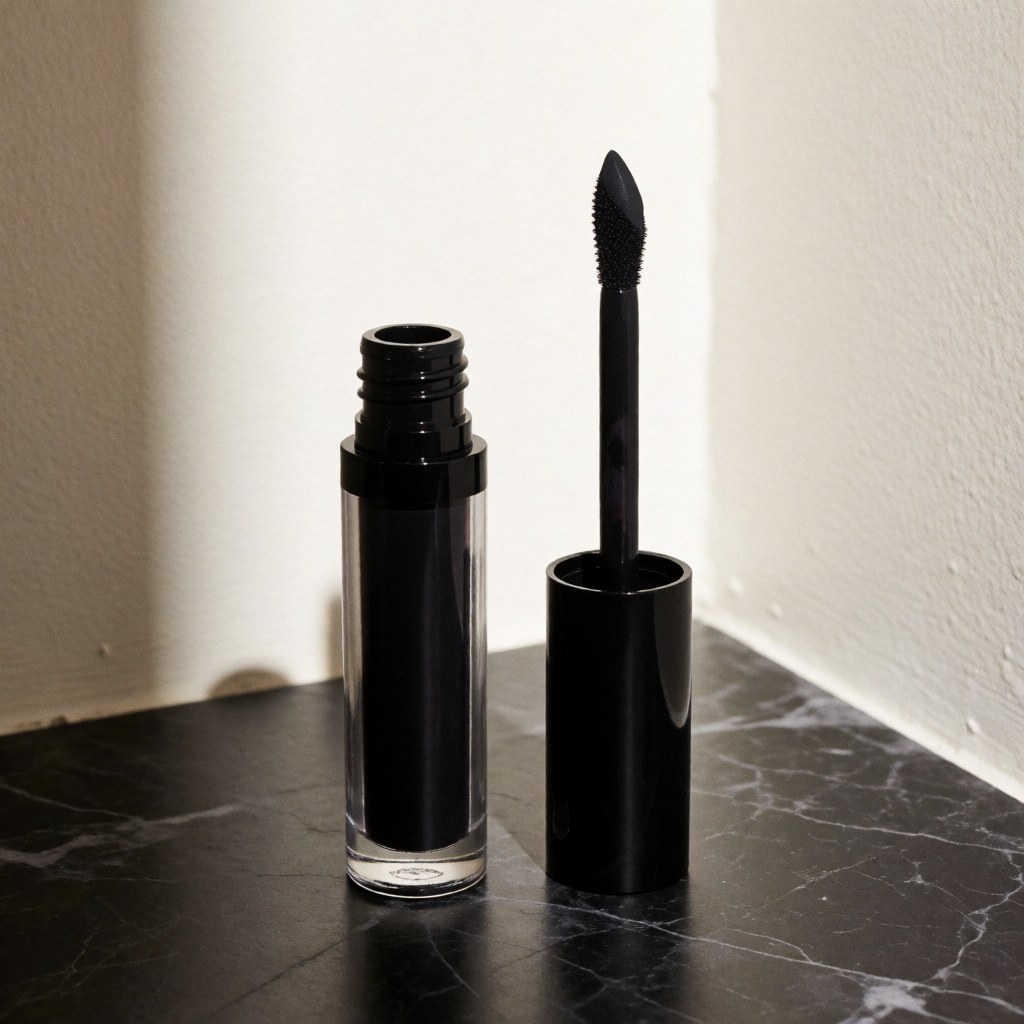 Flacon noir contenant un produit cosmétique liquide muni d'un applicateur, posé sur une surface en marbre sombre sous un éclairage latéral dramatique.