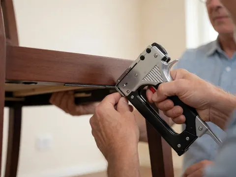 Une main tient un cloueur en action pour fixer un clou sur la base d'une chaise en bois, avec un fond flou mettant en valeur le travail manuel.
