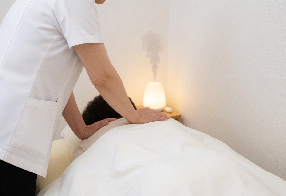 Un thérapeute en uniforme blanc effectue un massage dorsal sur un client couvert d'une serviette blanche, dans une pièce aux murs blancs avec un diffuseur émettant de la vapeur.