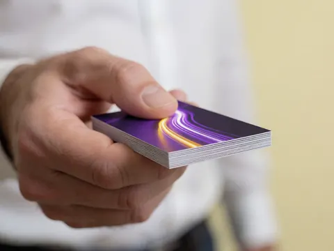Une main tient une pile de cartes de visite au design lumineux violet et jaune sur fond studio à murs jaunes doux.