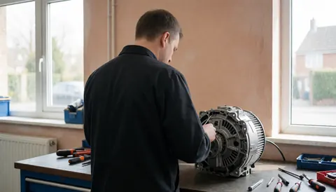 Technicien en atelier réparant le moteur d'une machine à laver, outils sur la table, lumière naturelle par les fenêtres, ambiance professionnelle et ordonnée.