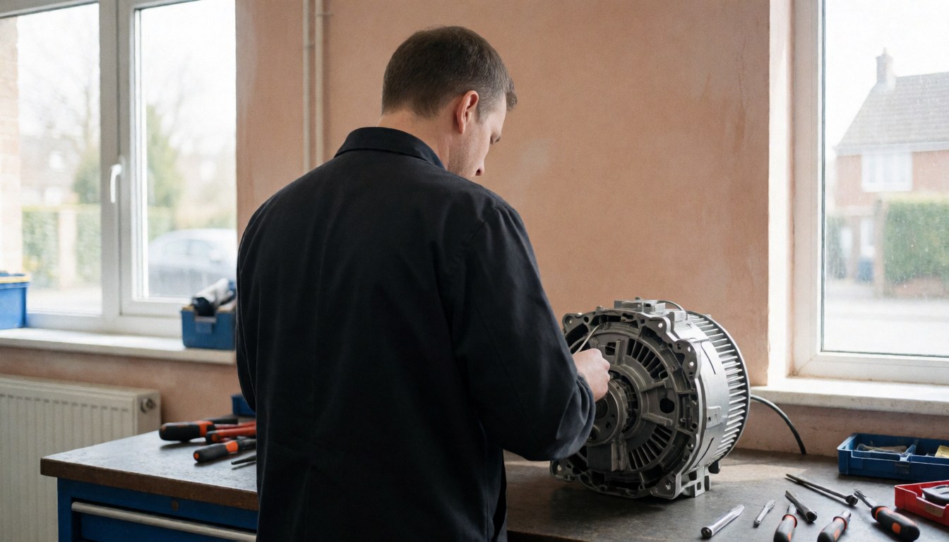 Technicien en atelier réparant le moteur d'une machine à laver, outils sur la table, lumière naturelle par les fenêtres, ambiance professionnelle et ordonnée.