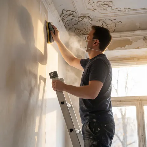 Un travailleur portant un masque et des gants ponce un mur haut près d'une corniche décorée, avec une lumière solaire chaude entrant par une fenêtre.