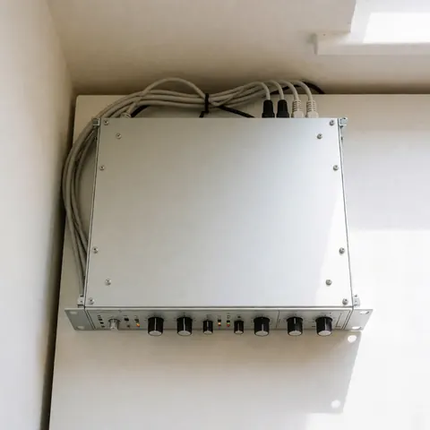Crossover audio professionnel fixé au mur blanc avec câbles connectés et voyants lumineux pour la gestion des fréquences en production audiovisuelle.