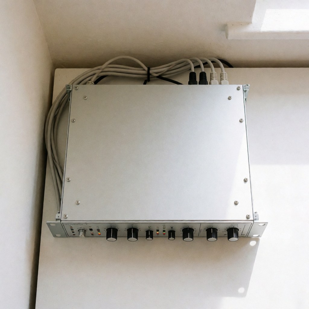 Crossover audio professionnel fixé au mur blanc avec câbles connectés et voyants lumineux pour la gestion des fréquences en production audiovisuelle.